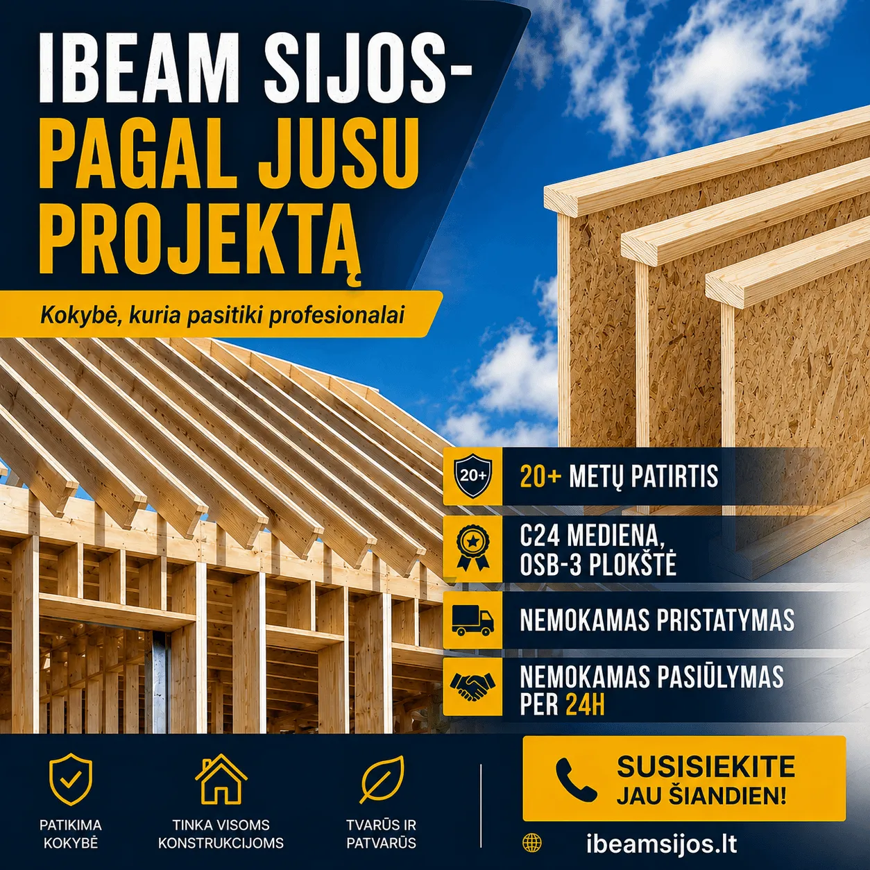 Dvitėjinių sijų montavimas statybų objekte